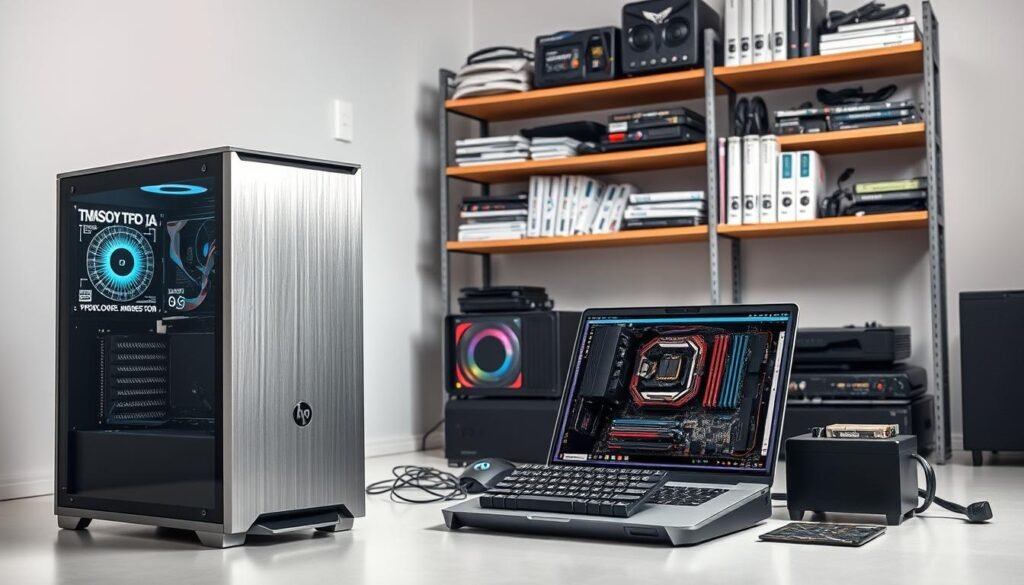 A detailed computer hardware setup arranged in a clean, well-lit studio space. In the foreground, a sleek tower PC case, its brushed aluminum exterior gleaming under soft, directional lighting. Atop the case, a high-resolution monitor displaying intricate circuit diagrams. In the middle ground, an open laptop showcasing its internal components, surrounded by various peripherals like a mechanical keyboard, a high-precision mouse, and a state-of-the-art graphics card. In the background, shelves lined with technical manuals, diagnostic tools, and other computer hardware essentials, creating a sense of a well-equipped workspace for a computer enthusiast or IT professional.