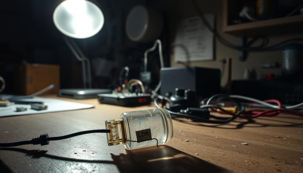 A dimly lit laboratory setting with an array of electronic components and instruments on a cluttered workbench. In the foreground, a sensor labeled "LDR" (Light Dependent Resistor) sits disconnected, its fragile glass casing cracked and dusty. Partial shadows cast across the scene, symbolizing the limitations and weaknesses of this sensor technology. The lighting is uneven, with a single lamp casting harsh shadows, mimicking the sensor's vulnerability to environmental conditions. The overall atmosphere conveys a sense of technical complexity and the need for careful consideration of sensor limitations in practical applications. A dimly lit laboratory setting with an array of electronic components and instruments on a cluttered workbench. In the foreground, a sensor labeled "LDR" (Light Dependent Resistor) sits disconnected, its fragile glass casing cracked and dusty. Partial shadows cast across the scene, symbolizing the limitations and weaknesses of this sensor technology. The lighting is uneven, with a single lamp casting harsh shadows, mimicking the sensor's vulnerability to environmental conditions. The overall atmosphere conveys a sense of technical complexity and the need for careful consideration of sensor limitations in practical applications.
