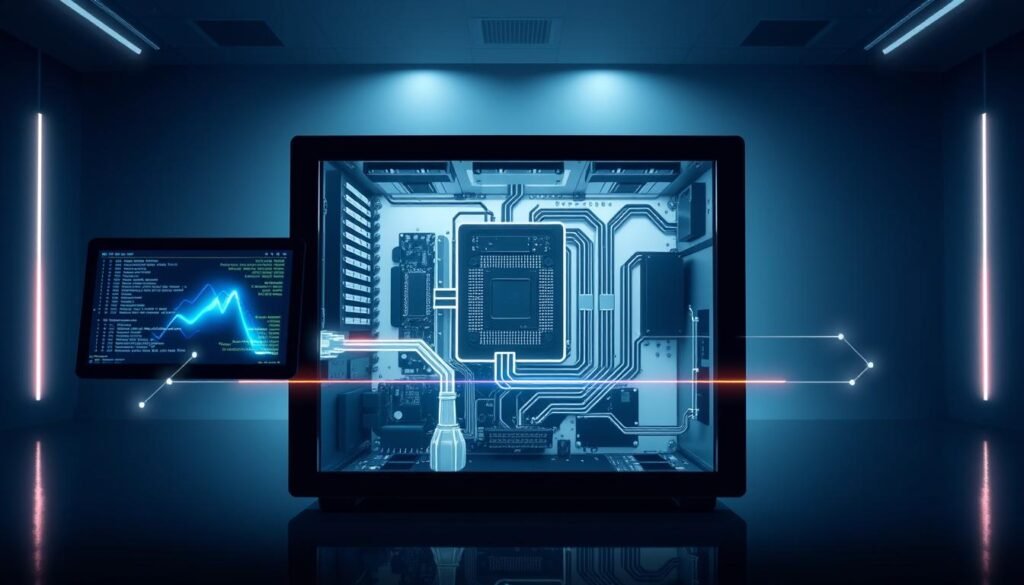A sleek, modern computer system with a high-resolution display, clean interface, and intuitive controls. The foreground shows the data processing flow, with data inputs and outputs moving seamlessly through the system's components. The middle ground depicts the internal hardware and software architecture, showcasing the CPU, memory, storage, and interconnected buses. The background features a minimalist, tech-inspired environment with subtle lighting and angular shapes, conveying a sense of efficiency and precision. The overall composition communicates the smooth, integrated nature of the data processing workflow within a well-designed computer system.