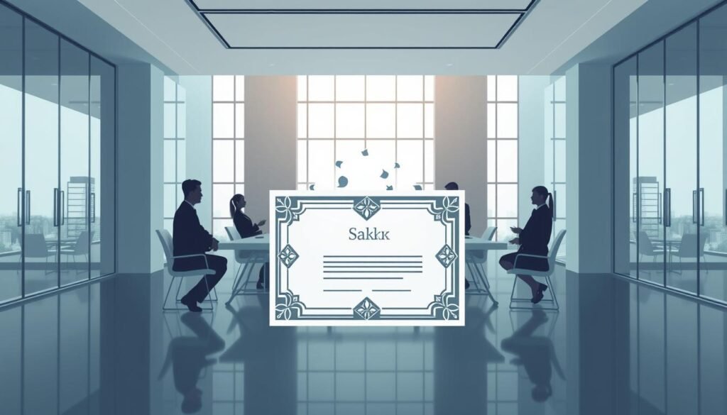 A sleek, modern illustration of Sukuk Investasi Syariah, set against a backdrop of a minimalist, clean-lined office environment. In the foreground, a stylized graphic representation of a Sukuk certificate takes center stage, its intricate patterns and geometric shapes hinting at the complexities of Islamic finance. The middle ground features a team of professionals in formal attire, engaged in discussions around a conference table, conveying the collaborative nature of Sukuk issuance. The background is dominated by tall, glass-paneled windows, allowing natural light to flood the scene and create a sense of transparency and openness. The overall tone is one of professionalism, innovation, and adherence to Sharia principles.