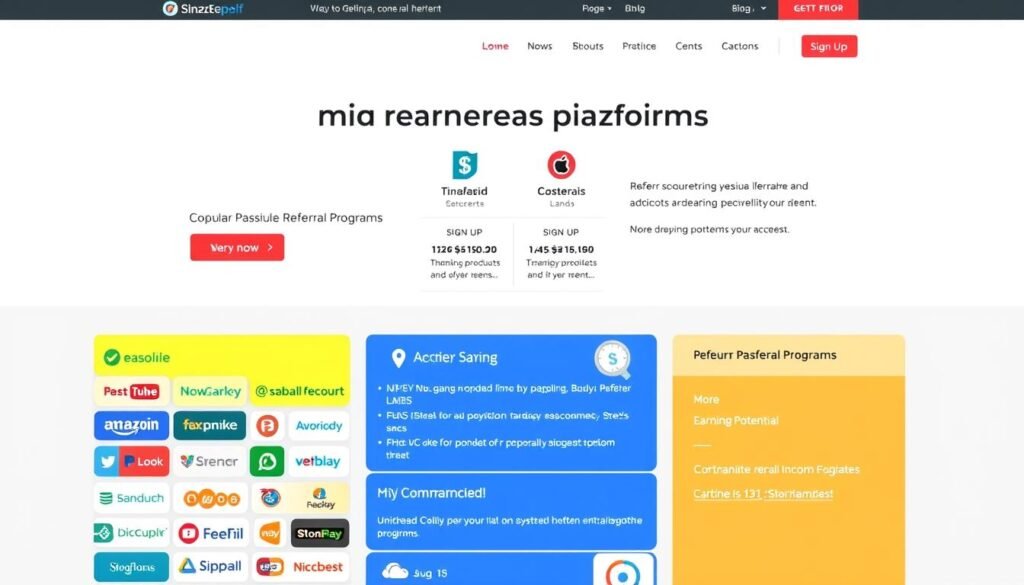 A vibrant and dynamic web interface showcasing a variety of popular referral programs, designed against a clean and minimalist backdrop. The foreground features a grid layout of colorful program logos and icons, each neatly arranged to capture the user's attention. The middle ground showcases informative program details, including participant statistics, earnings potential, and sign-up incentives. The background maintains a subtle, gradient-based palette, allowing the content to take center stage. The overall composition conveys a sense of accessibility, professionalism, and the potential for lucrative passive income opportunities through referral marketing.