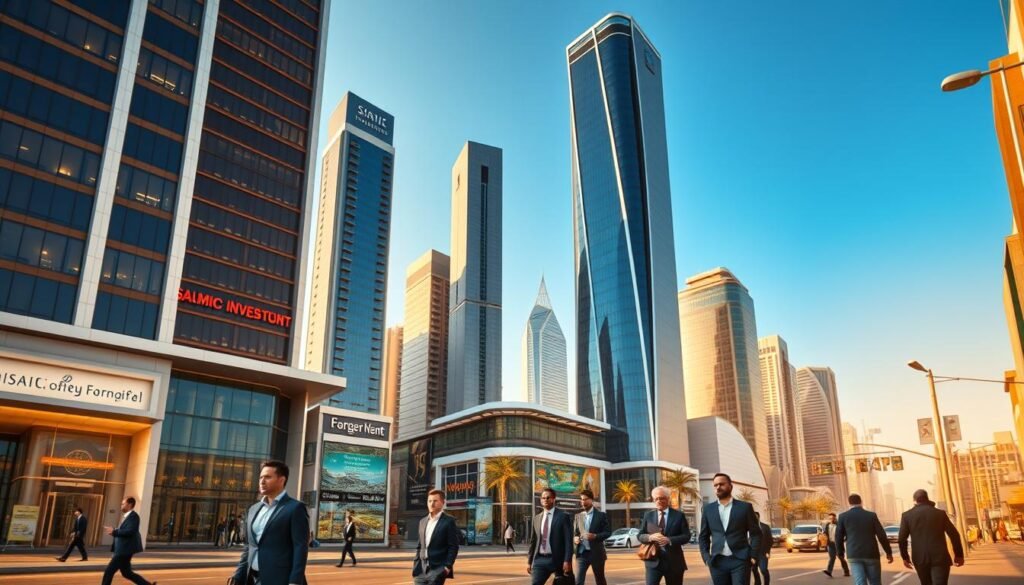 A vibrant, hyper-realistic image of a bustling financial district, showcasing the headquarters of several renowned Islamic investment firms. The towering skyscrapers, adorned with sleek, modern architecture, stand as a testament to the success and growth of the Islamic finance industry. In the foreground, well-dressed professionals navigate the busy streets, reflecting the dynamic and thriving nature of this sector. The scene is bathed in warm, golden light, creating a sense of prosperity and stability. The overall atmosphere conveys the trust, transparency, and ethical principles that underpin the Islamic investment approach, making it an attractive option for both individual and institutional investors.