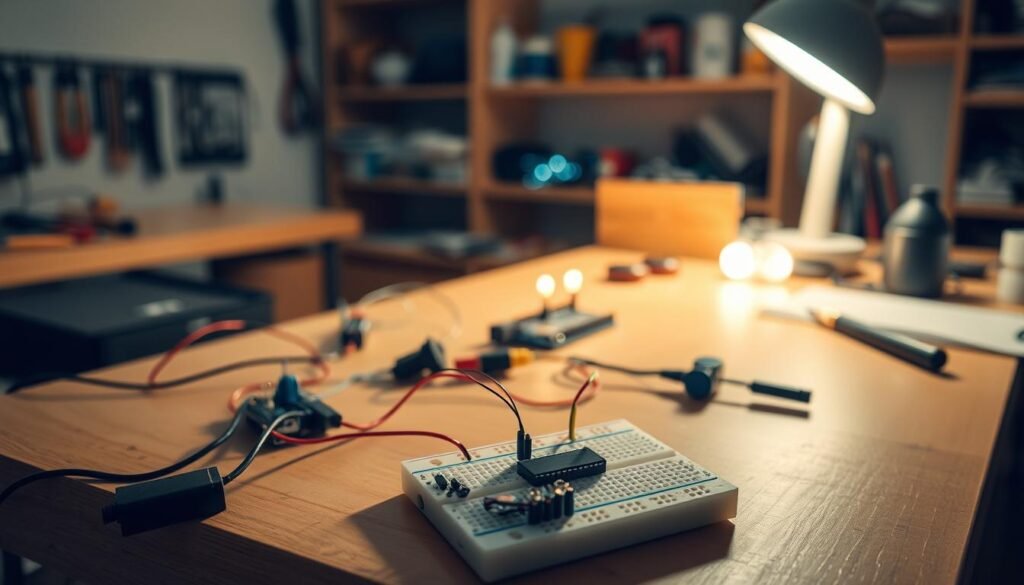 A well-lit workshop bench showcases a DIY project using an LDR sensor. In the foreground, the LDR component is wired to a breadboard, with various electronic parts arranged neatly. The middle ground features a small Arduino board and a few LED lights. In the background, shelves display a variety of tools and materials, hinting at the maker's passion for hands-on experimentation. Soft, directional lighting casts warm shadows, creating a focused, educational atmosphere ideal for showcasing the practical application of an LDR sensor in a custom project. A well-lit workshop bench showcases a DIY project using an LDR sensor. In the foreground, the LDR component is wired to a breadboard, with various electronic parts arranged neatly. The middle ground features a small Arduino board and a few LED lights. In the background, shelves display a variety of tools and materials, hinting at the maker's passion for hands-on experimentation. Soft, directional lighting casts warm shadows, creating a focused, educational atmosphere ideal for showcasing the practical application of an LDR sensor in a custom project.