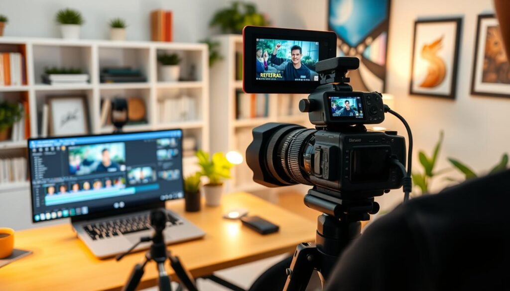 Strategi promosi referral video featuring a professional-looking video production setup. In the foreground, a person is filming a high-quality video with a DSLR camera on a tripod. The middle ground showcases various video editing software windows open on a laptop, with editing tools and timeline visible. In the background, a well-lit home office setting with bookshelves, potted plants, and inspiring artwork on the walls, creating a productive and inviting atmosphere. The lighting is soft and even, creating a warm and professional ambiance. The overall composition conveys the idea of a comprehensive, strategic approach to leveraging referral video marketing for maximum impact and income generation.